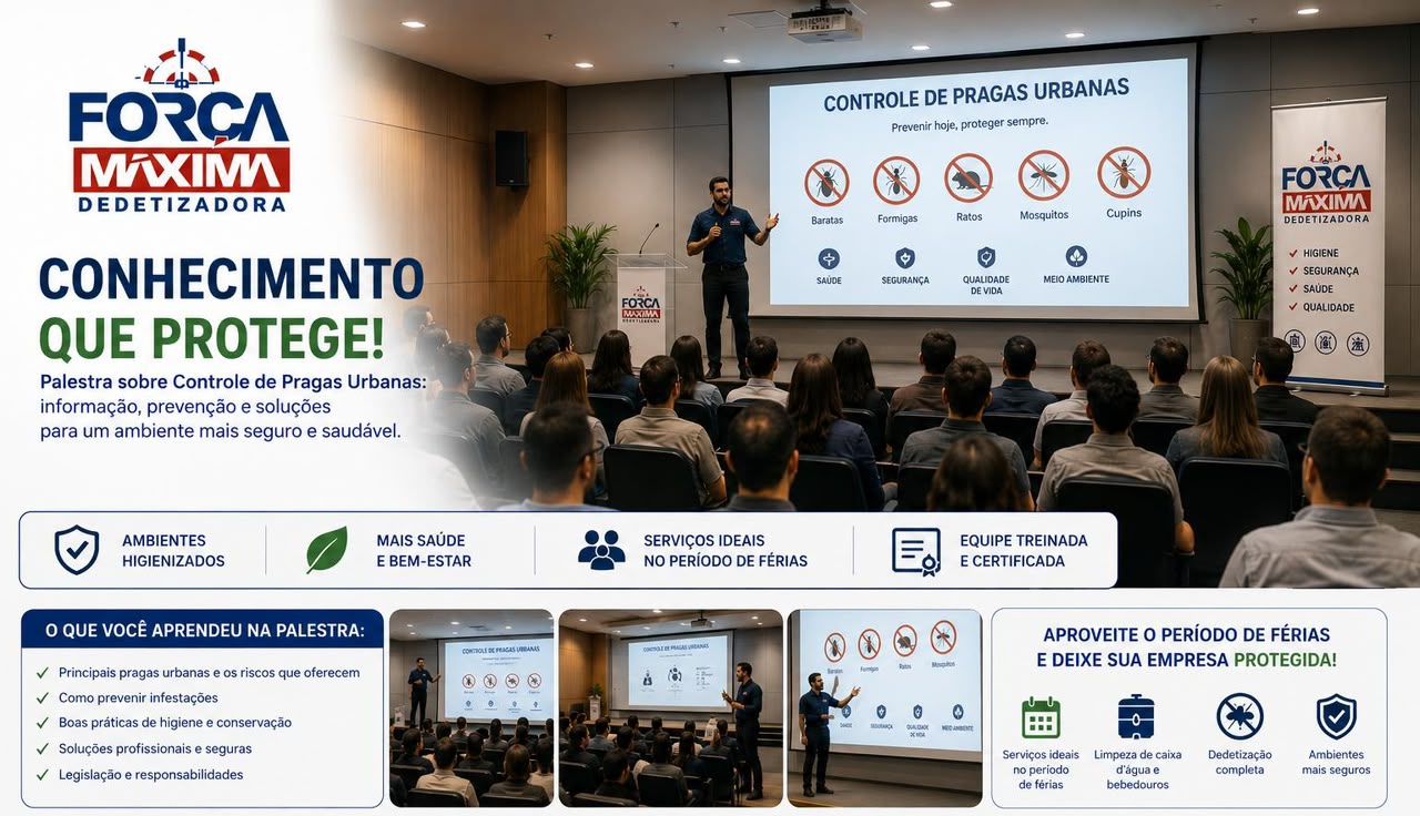 Equipe da Força Máxima Dedetizadora em palestra sobre controle de pragas urbanas